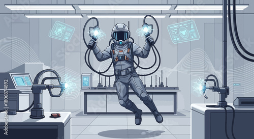 Futuristic laboratory scene: An astronaut in a high-tech lab experimenting with advanced technology