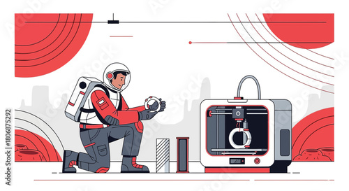 Futuristic mars mission: Astronaut using 3D printer to create objects for space colonization