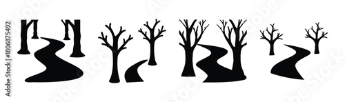 Minimalist winding paths and bare trees silhouette element