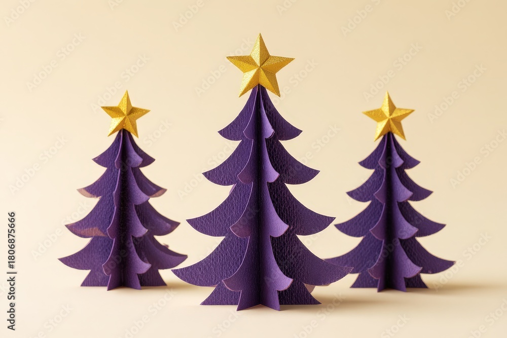 Obraz premium Three dimensional stylized evergreen decorations topped with golden stars are arranged on a pale background