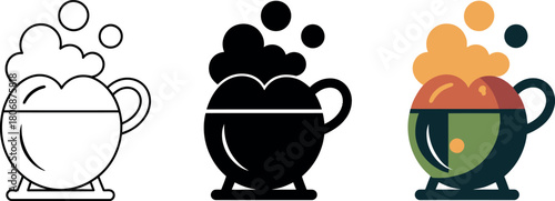 Halloween cauldron with bubbling potion in line art black and color illustration set