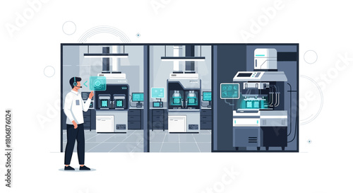 Futuristic technician interacting with advanced machinery in a clean laboratory environment
