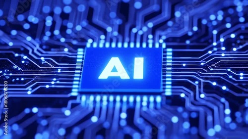 A glowing AI chip featuring "AI" on blue, surrounded by a circuit board's intricate pathways