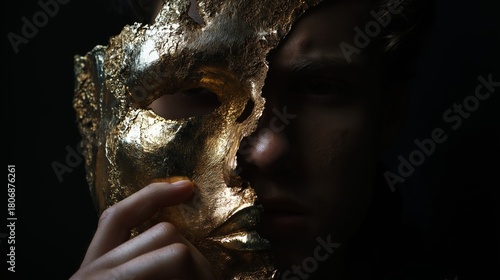 Man holding a half-broken golden mask near his face in dramatic low light, symbolizing identity, deception and inner conflict on a dark background