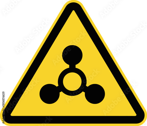 A yellow triangular warning sign depicting the international chemical weapon hazard symbol, indicating extreme danger from toxic warfare agents