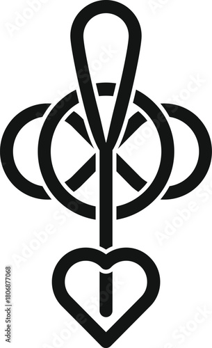 Black and white vector icon of a heart shaped amulet with intertwined circles and a cross, representing love, unity, spirituality, and cultural heritage