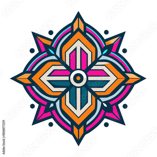 Vibrant geometric mandala design with sharp lines and bold colors, perfect for yoga studios, spiritual retreats, or modern brand identity projects