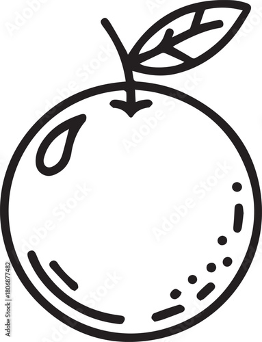 Minimalist black line art of a whole orange fruit with leaf, simple hand-drawn vector icon design element