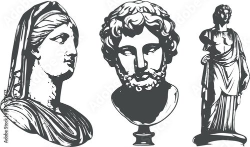 Elegant Greek statues artfully rendered in monochrome create a timeless aesthetic for any design project
