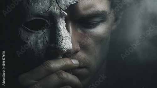 Man holding a cracked white mask covering half his face with visible tension in expression, gothic dark background with fog and dramatic lighting, concept of dual identity and inner conflict