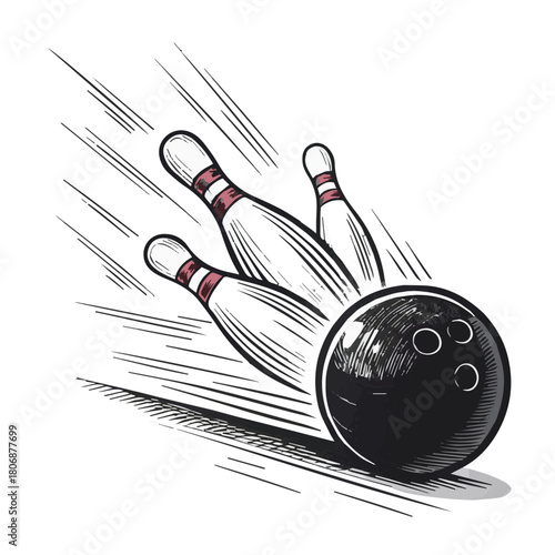 Bowling ball hitting pins in a fun sport illustration.