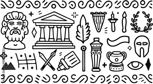 Hand drawn ancient Greek icons creates a unique design, ideal for history or mythology projects