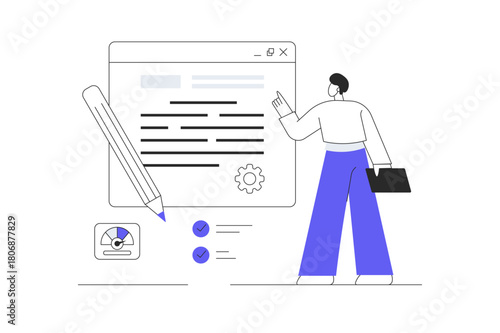 Online agreement, digital signature, smart contract online. Man read and sign the terms of the contract on web page. Flat Cartoon Vector Illustration, icon Stylish abstract design landing page web