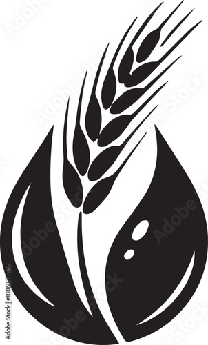 Agricultural symbol of grain ear and water droplet, representing fertile soil and natural resources for organic farming