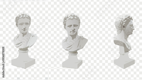 Stunning classical sculpture bust, three angles, evokes history, art and culture, Roman emperor vibe