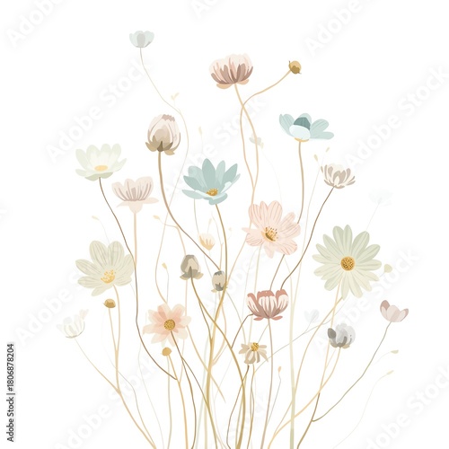 Delicate watercolor flowers in soft pastel colors on a white background.
