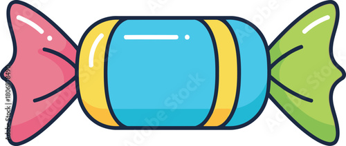 Illustration of a wrapped candy with pink and green wrappers on either side of a blue center.