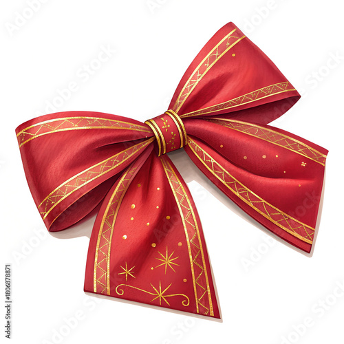 Red Christmas Bow with Gold Stars and Ribbon – Festive Holiday Decoration
