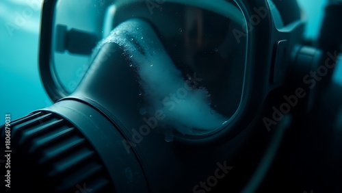 diver. A diver's mask with condensation on the glass surface. mobility guides, transit brochures, designed for transport & logistics marketing, used by videographers.