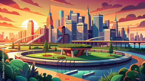 Very beautiful view of downtown Manhattan with the Little Island elevated park in the foreground, capturing the cityscape bathed in warm pre-sunset light, blending modern urban architecture with green