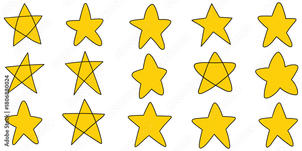 Obraz premium Hand-drawn cartoon set of yellow stars on a white background.