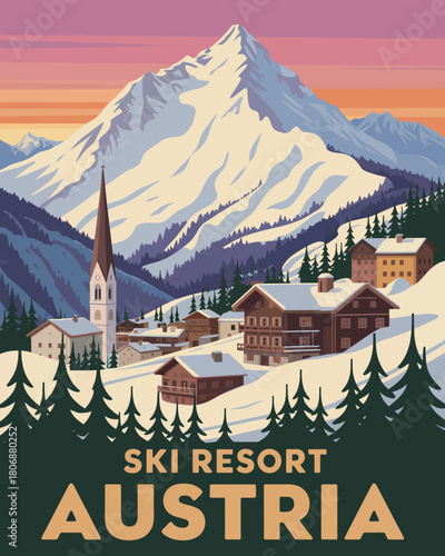Austrian alps winter travel poster, vintage 1950s style design, snow-covered peaks, charming chalets, pine trees, clear blue sky, skiing holiday and alpine adventure scene.