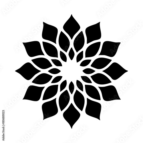 Symmetrical black floral mandala with layered petal design, centered on a white background, creating a clean, graphic, and stylized, spiritual ambiance.
