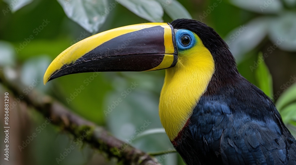 Naklejka premium Vibrant toucan with striking yellow and black plumage perched on branch, showcasing its large distinctive beak against lush green tropical forest backdrop