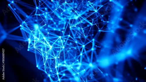Glowing blue network of connected dots and lines against a dark background, resembling a complex system