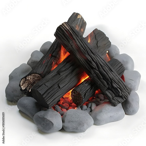 Realistic Campfire with Burning Logs and Stones – Cozy Fire Pit Scene
