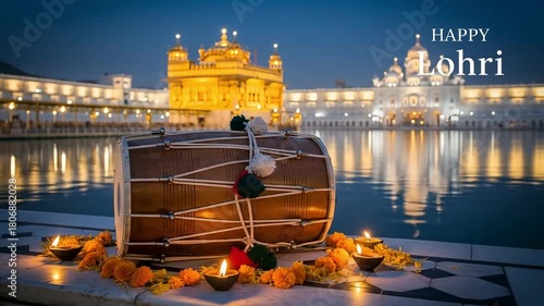 Image is a serene and atmospheric photograph featuring a traditional Indian drum, known as a dhol, prominently placed in the foreground on a stone surface. The dhol is cylindrical, with a wooden body 