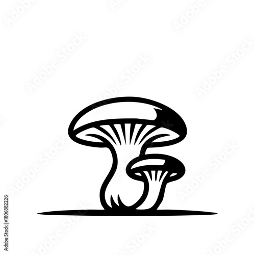 Two stylized black mushrooms, one larger behind a smaller one, stand on a ground line, depicted in a simple, graphic, high-contrast, monochrome illustration.
