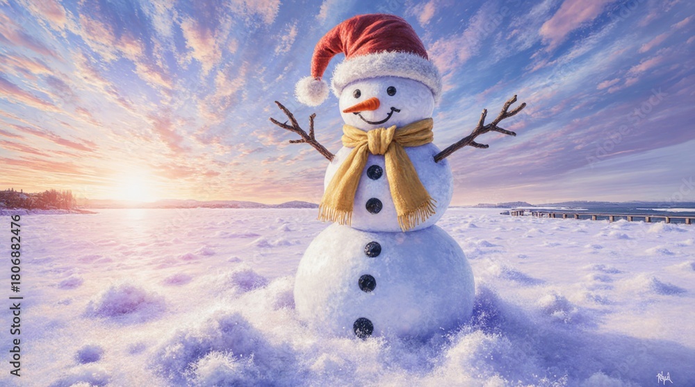 Obraz premium Joyful snowman wearing a santa hat in a winter wonderland sunset