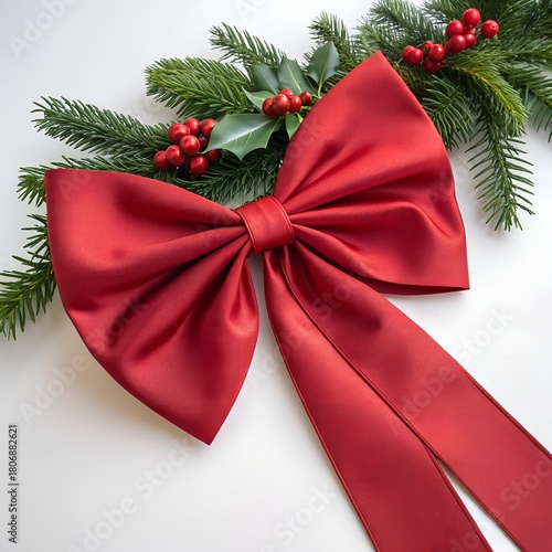Christmas Red Satin Bow with Holly and Pine – Holiday Decoration Design
