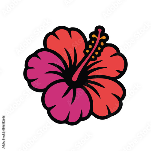 Stylized hibiscus flower, petals transitioning from pink to red, black outline, yellow stamen, isolated on white, cartoonish, vibrant, cheerful, flat perspective.
