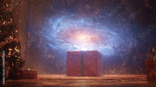 Magical Christmas gift box with a glowing cosmic galaxy portal