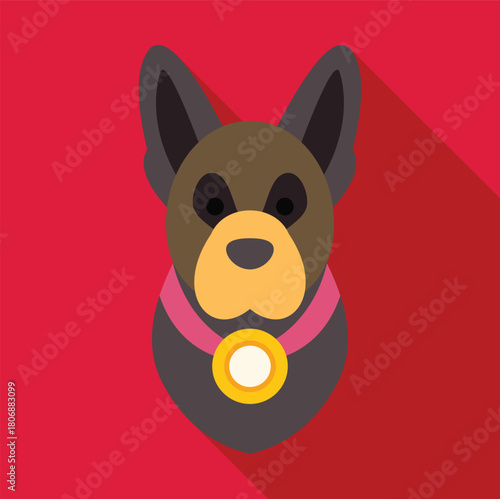 Proud german shepherd dog wearing a gold medal and pink collar, celebrating victory on a vibrant red background
