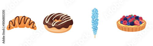 Assorted desserts: chocolate croissant, donut, rock candy, berry tart on white background