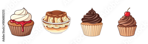 Cupcake and dessert illustration with banana and chocolate toppings