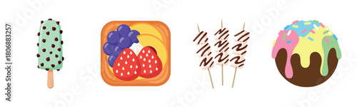 Colorful ice cream and dessert illustrations with fruits and toppings