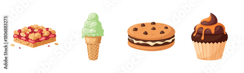 Assorted desserts: berry bar, mint ice cream, cookie sandwich, chocolate cupcake
