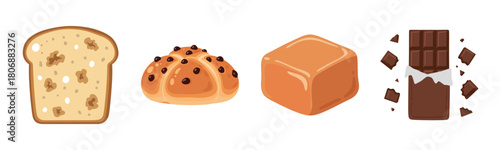 Variety of breads and chocolate bar on white background