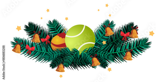 Festive Christmas tennis illustration featuring holly, candles, bells, evergreen branches, and warm seasonal details. Ideal for cards, banners, labels, and holiday sport designs
