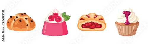 Assorted pastries and desserts with berries and cream on white background