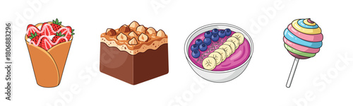 Delicious dessert selection: crepe, brownie, smoothie bowl, lollipop