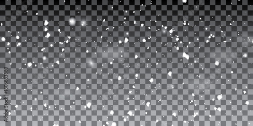 Many snowflakes in blur on black background. Snowfall layer for winter photography.