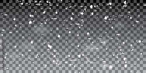 Many snowflakes in blur on black background. Snowfall layer for winter photography.
