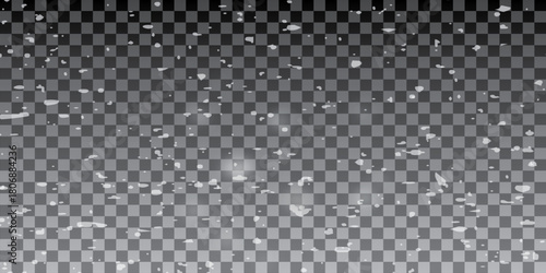 Real snowfall over transparent background. Abstract snowy white particles falling for winter weather overlay or cold snowfall background. Heavy snow storm.
