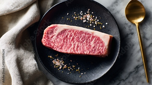 Premium Wagyu Striploin with Rich Marbling on Black Plate and Marble Countertop