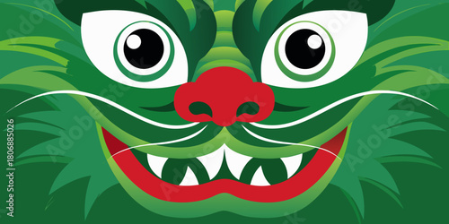 Stylized green dragon face with red nose and sharp teeth